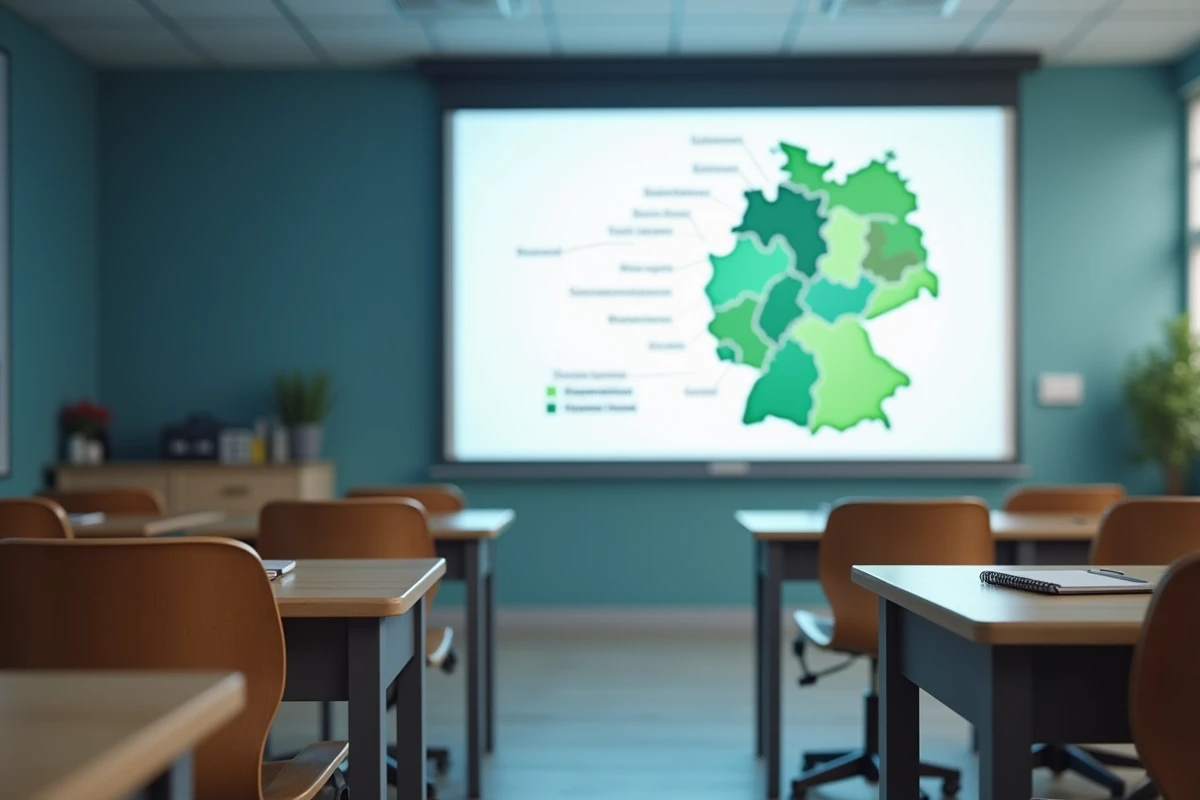 Salle de classe avec carte projetée des Länder et capitales d'Allemagne en couleurs pastels