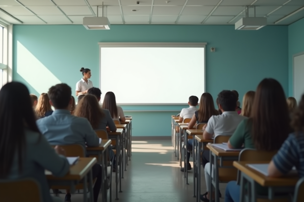 Salle de classe avec élèves passifs face à un tableau interactif lumineux