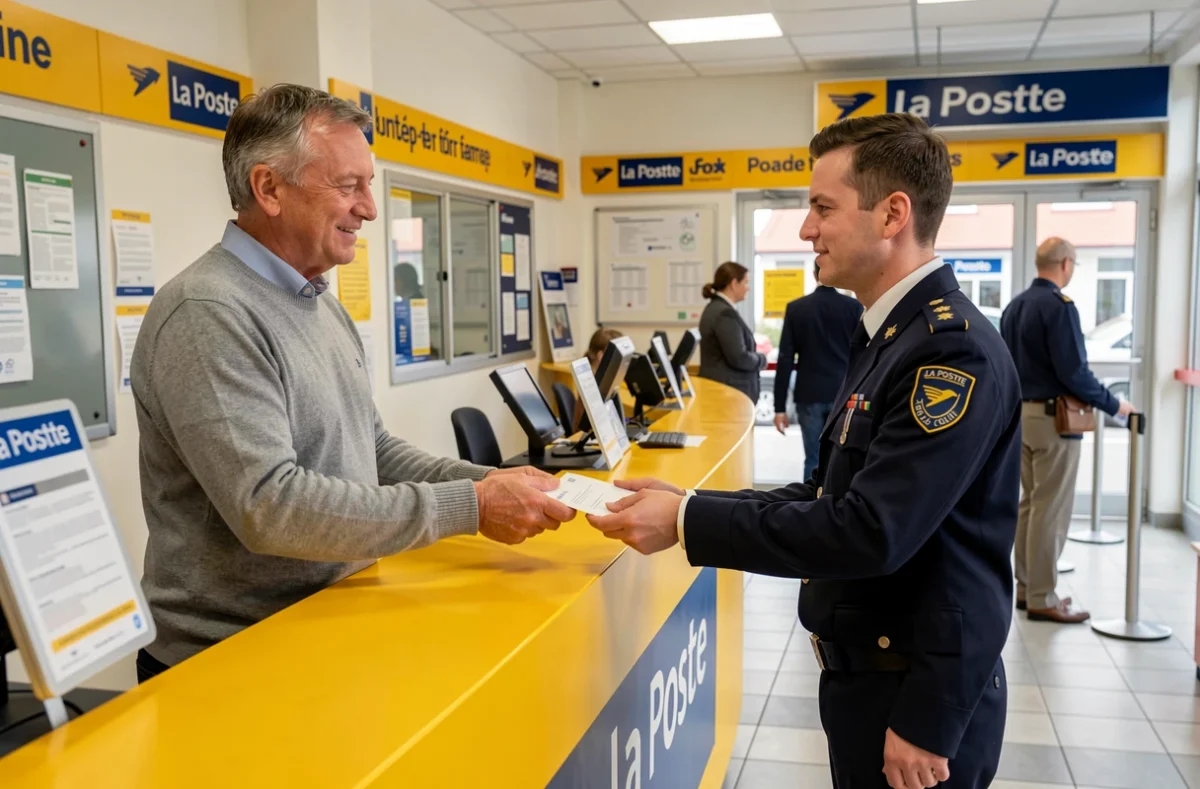 Client remettant une enveloppe à un employé de La Poste lors d'une démarche de changement d'adresse définitif