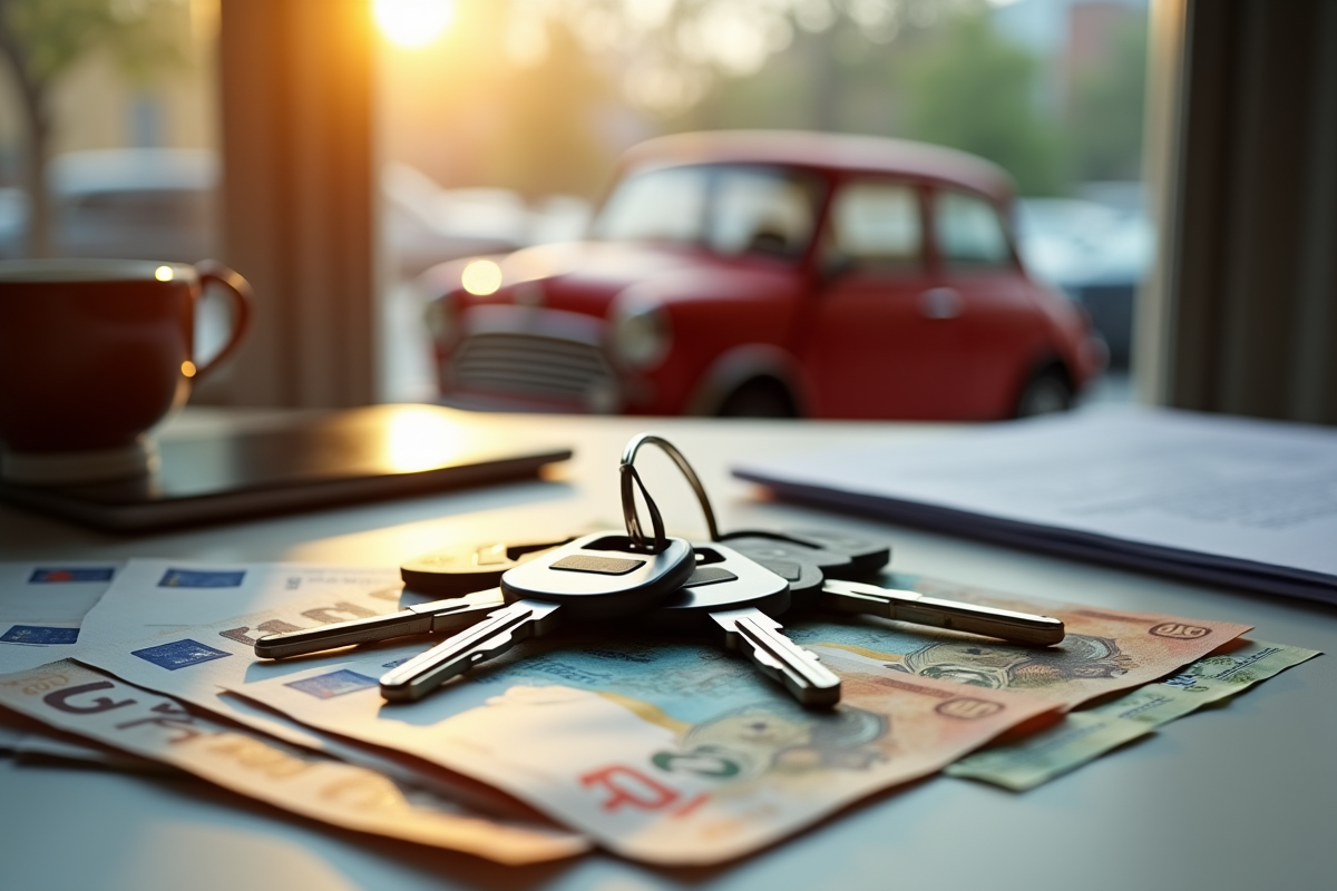 Pile de clés de voiture et billets sur un bureau avec documents officiels
