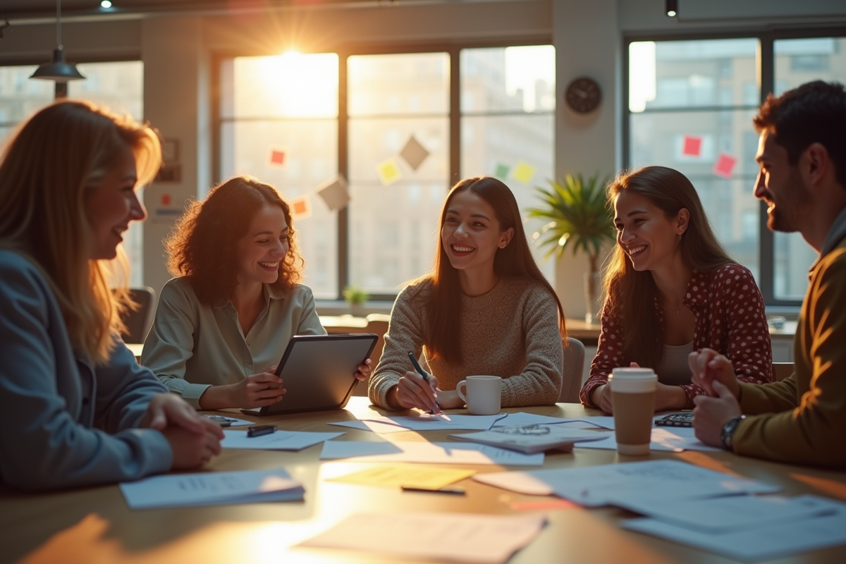 Collègues collaborant autour d un espace de travail créatif