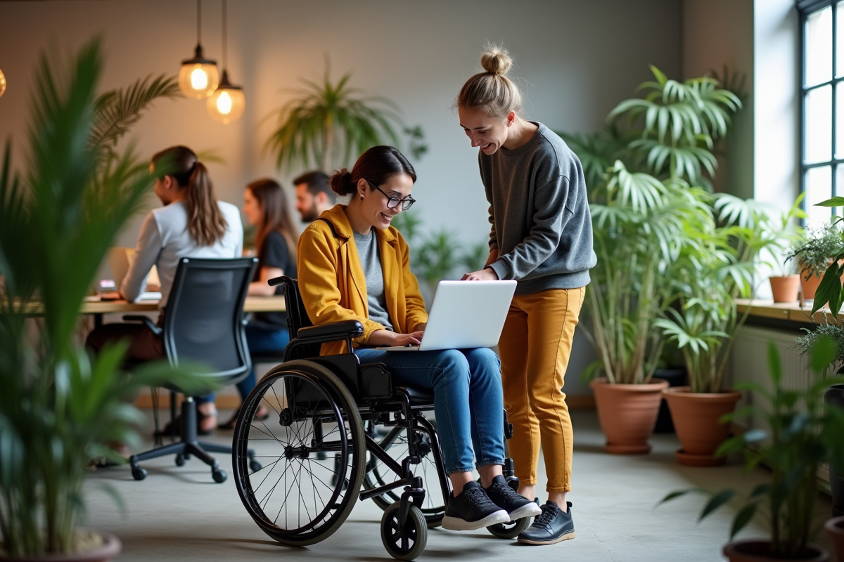 Deux personnes collaborant dans un espace de coworking lumineux