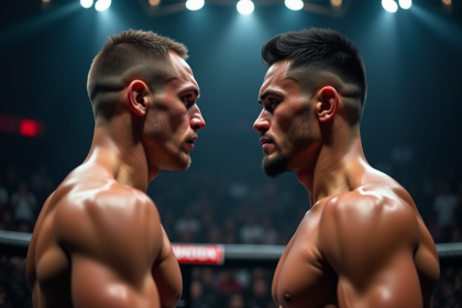 Deux combattants MMA face à face dans l'octogone lumineux