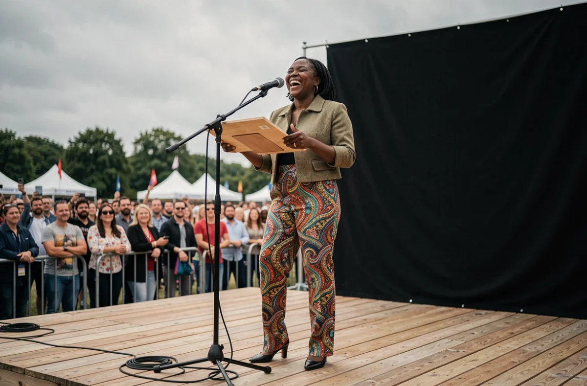 Comédienne noire sur scène lors d'un festival de comédie en plein air, posture dynamique et expression joyeuse au micro