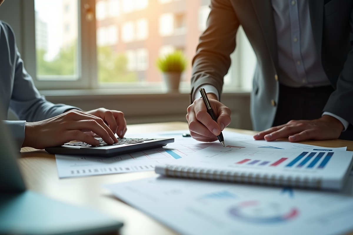 Comptable au bureau avec documents et ordinateur pour article