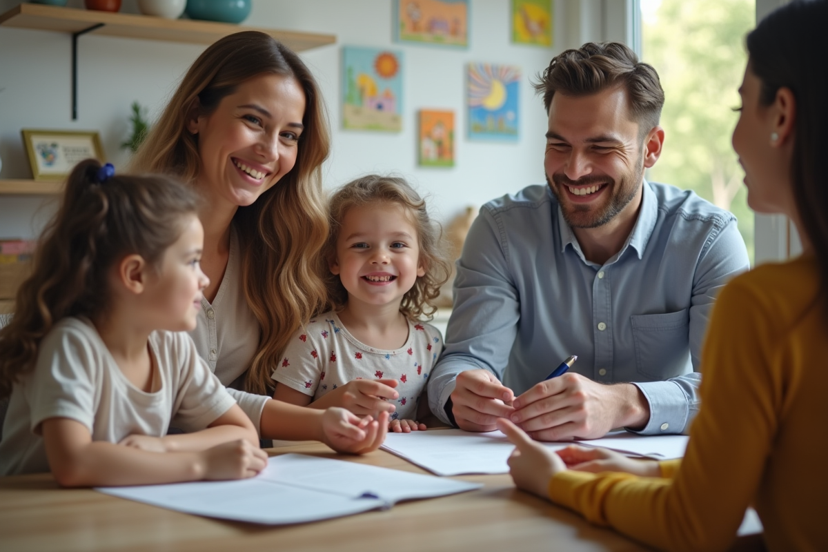Conseiller en adoption remettant un document à un couple dans un bureau chaleureux