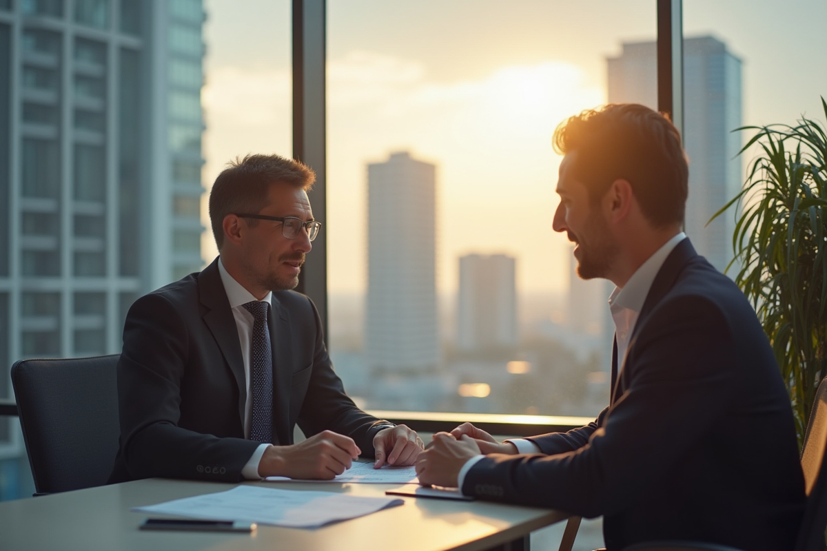 Conseiller financier discutant d'investissements avec un client dans un bureau moderne