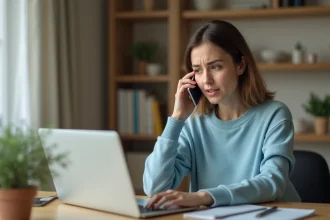 Femme contactant le service client AliExpress par téléphone devant un ordinateur portable