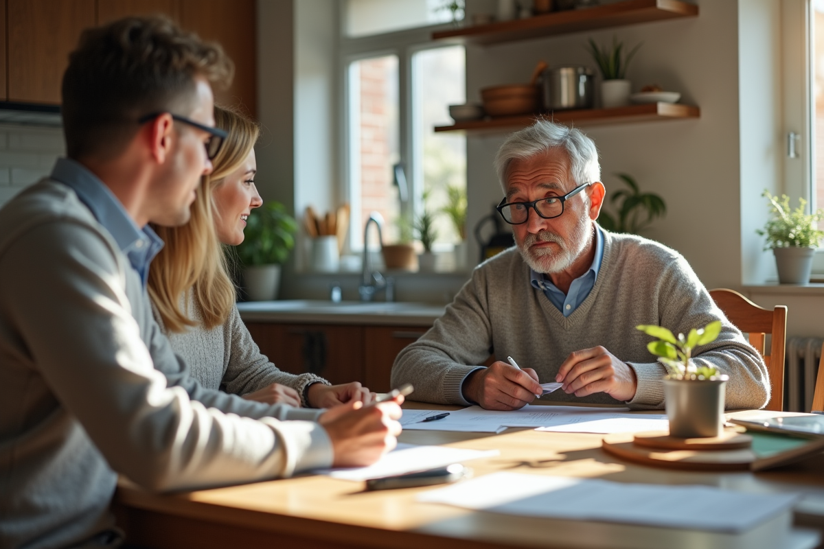 Homme attentif examinant un contrat avec un couple dans la cuisine