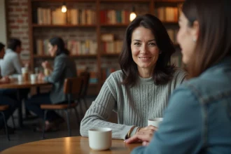 Deux femmes en conversation attentive dans un café chaleureux, illustrant l'écoute active et la communication respectueuse