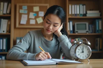 Femme calculant la durée entre deux heures sur des horloges analogiques posées sur un bureau en bois