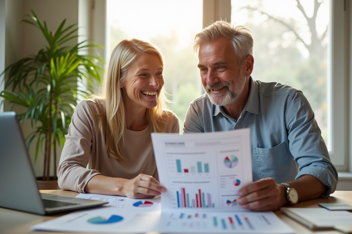 Couple souriant dans un bureau lumineux examinant des documents immobiliers