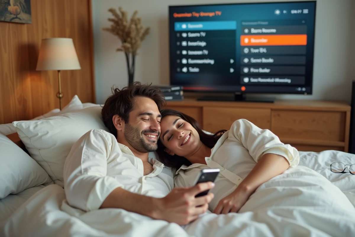 Couple naviguant dans les enregistrements Orange TV depuis un smartphone dans une chambre à coucher, avec la télévision affichant la bibliothèque de programmes en arrière-plan