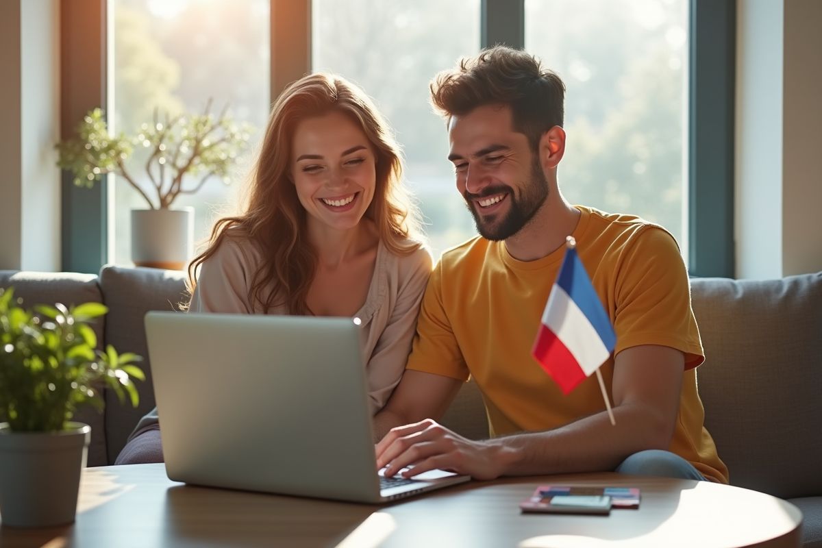 Jeune couple souriant utilisant un ordinateur pour la banque en ligne