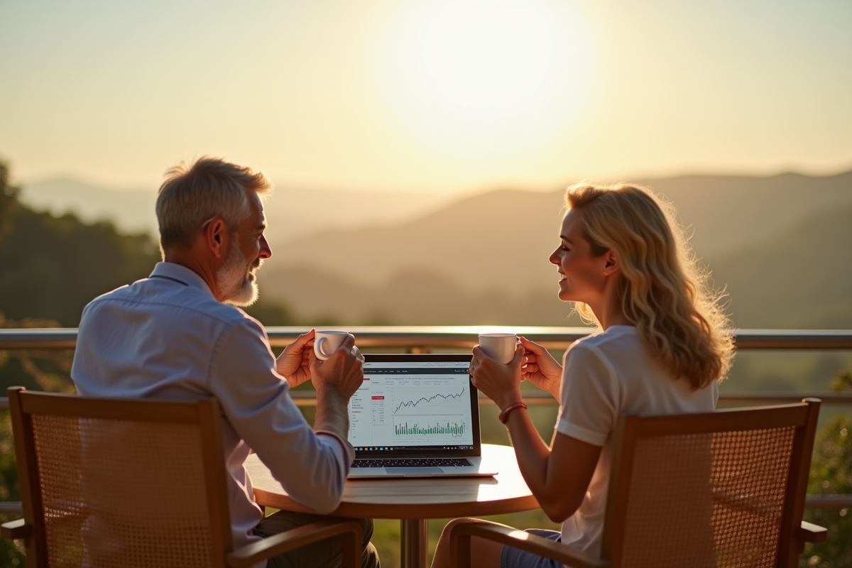 Couple détendu sur une terrasse ensoleillée avec un ordinateur et des cafés