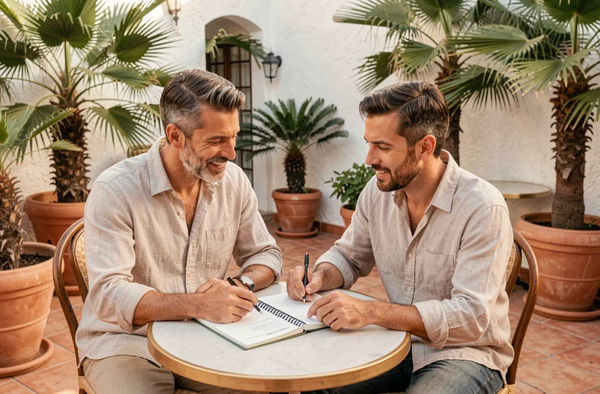 Couple discutant de leur stratégie financière autour de la règle des palmiers en terrasse entourée de palmiers