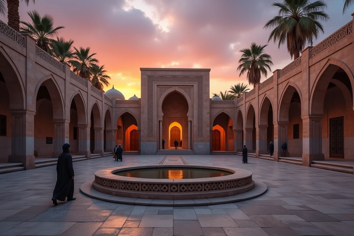 Cour de mosquée au crépuscule avec des fidèles se dirigeant vers l'entrée pour la prière du Maghreb