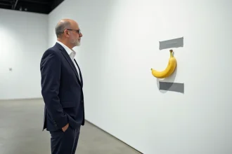 Curateur d'art en costume regardant une banane attachée au mur