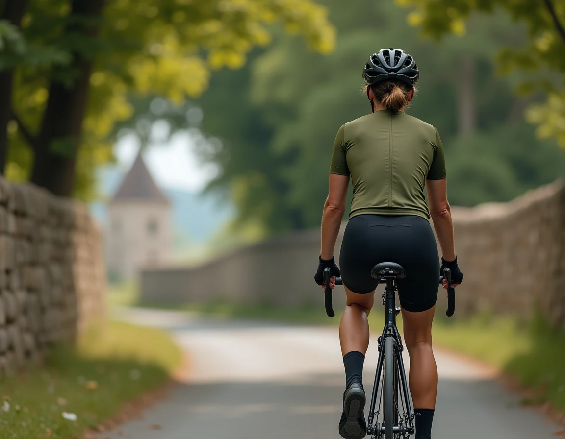 Cycliste en vélo gravel sur un chemin rural près d'Eauze dans le Gers, avec un village médiéval en arrière-plan