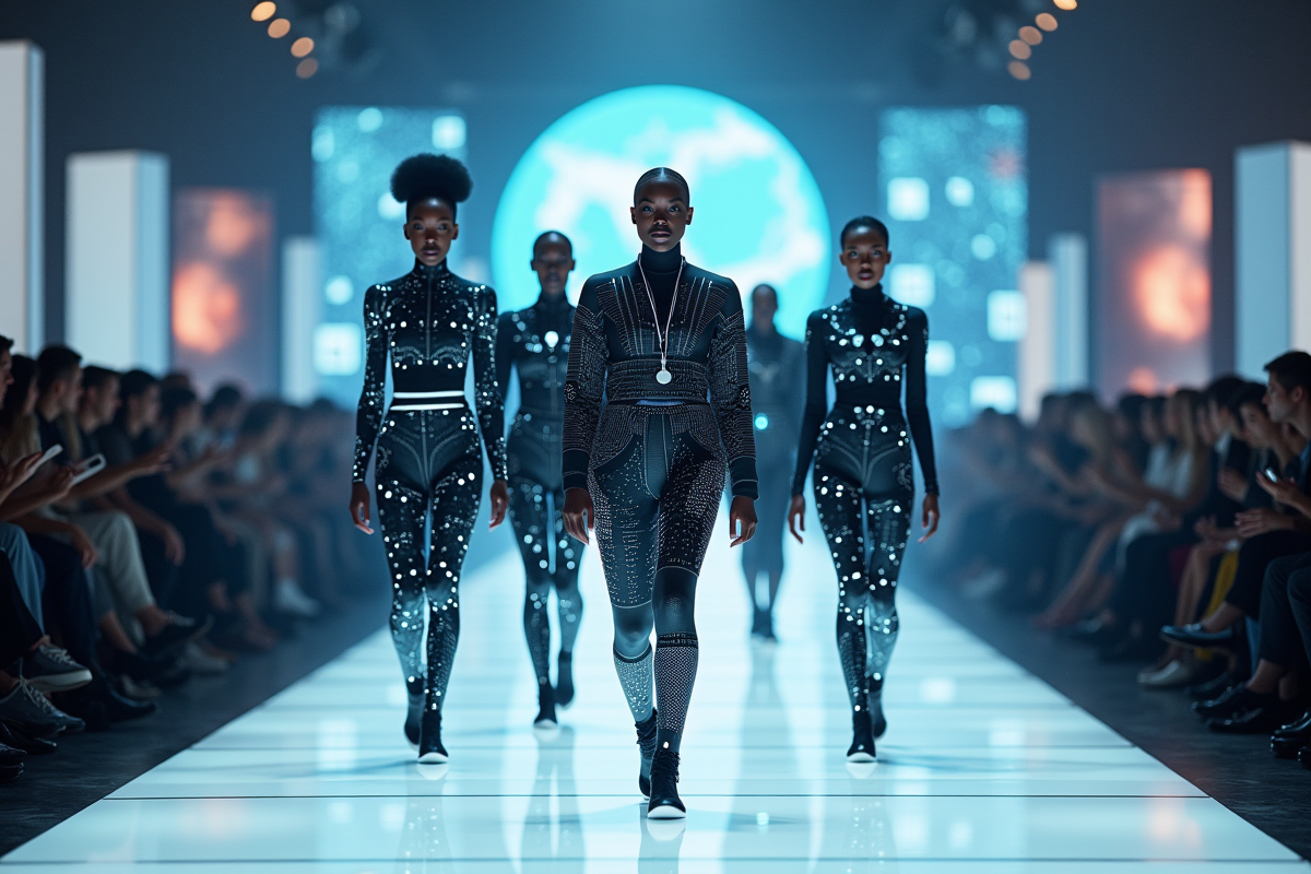 Models sur un runway hightech portant vetements intelligents lumineux
