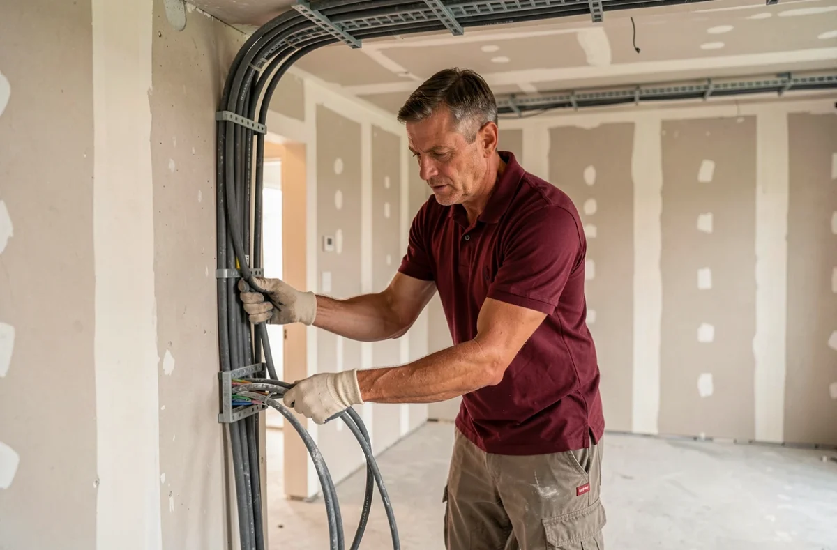 Technicien de Demb-Elec Services tirant des câbles électriques dans un appartement en rénovation dans les Yvelines