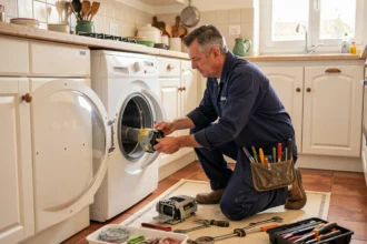 Technicien en réparation d'électroménager en Occitanie intervenant sur un lave-linge dans une cuisine méditerranéenne