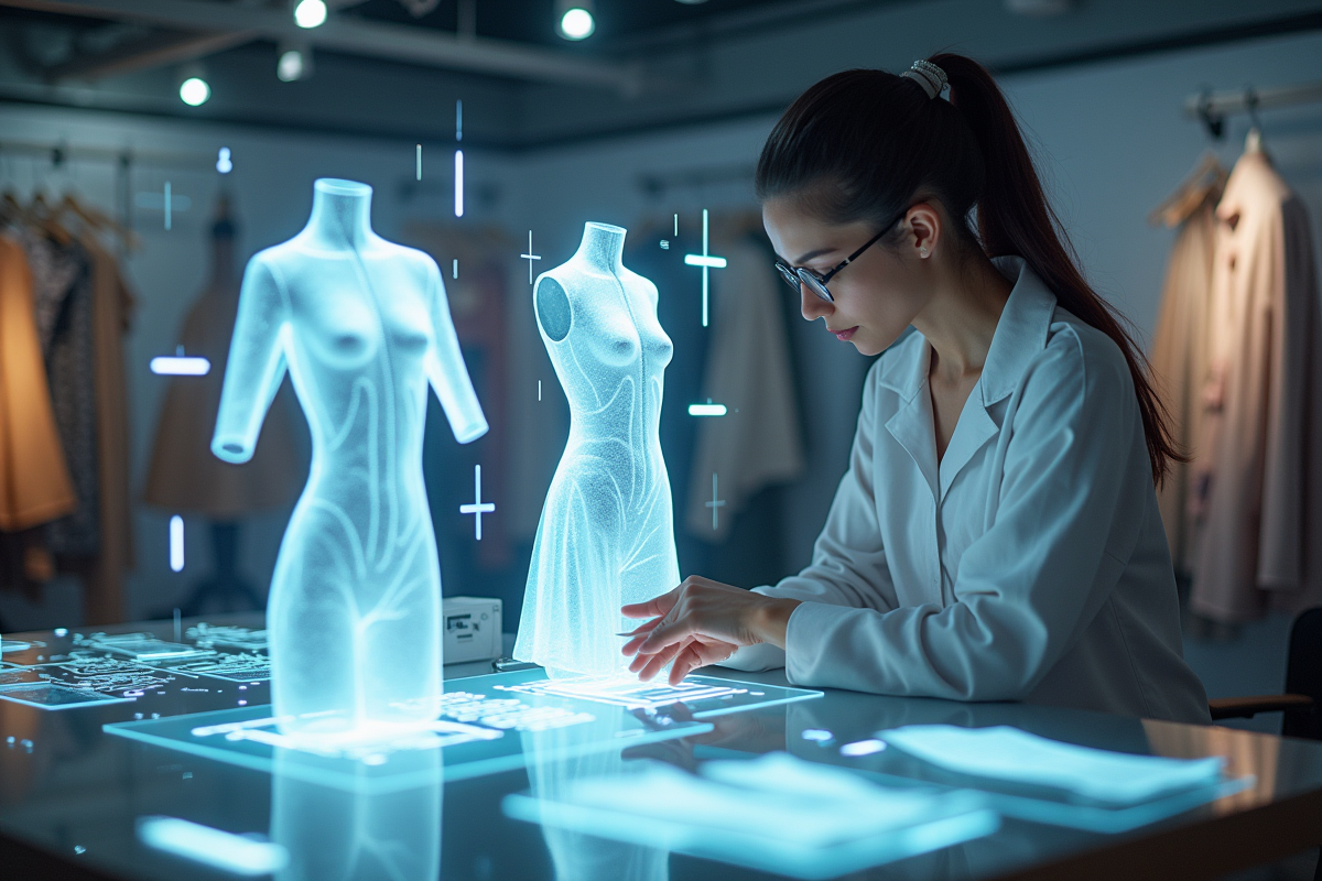 Designer de mode futuriste avec interface digitale en studio