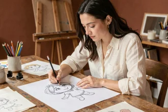 Artiste dessinant le portrait de Stella avec attention aux yeux et au sourire dans un studio créatif