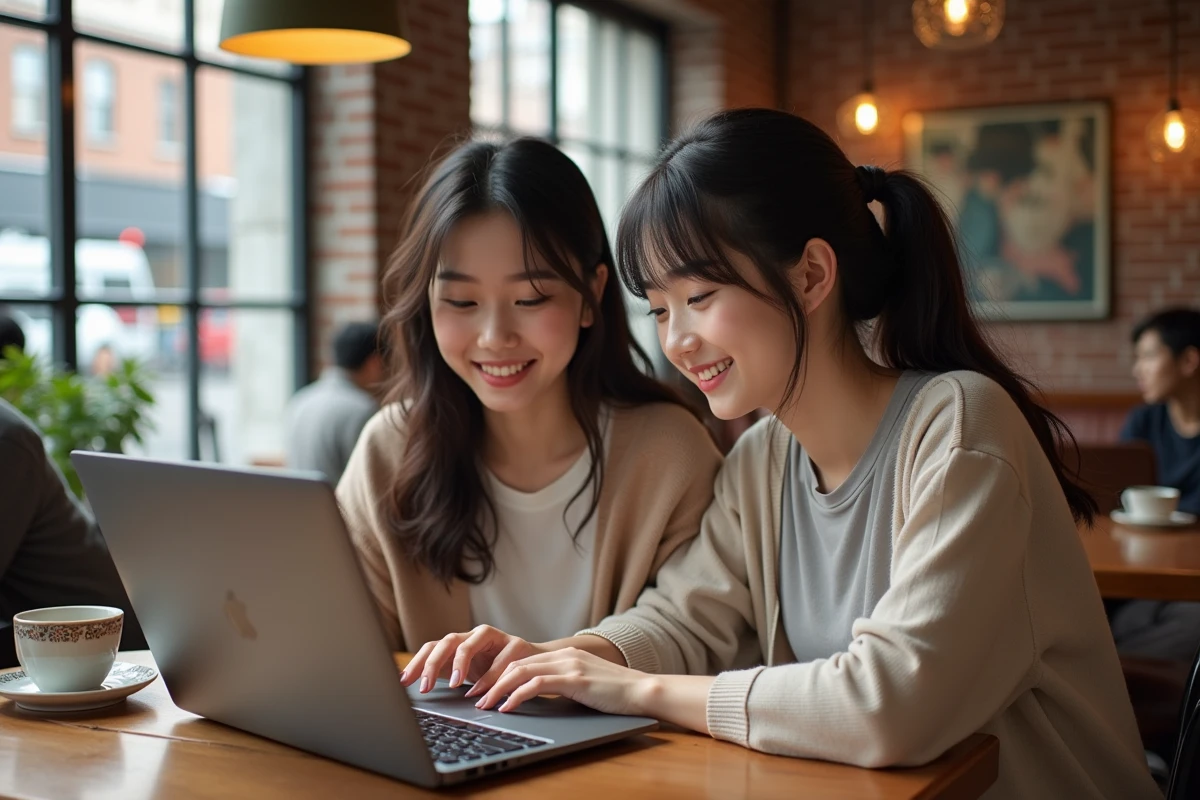 Deux femmes partageant un manga yaoi dans un café urbain