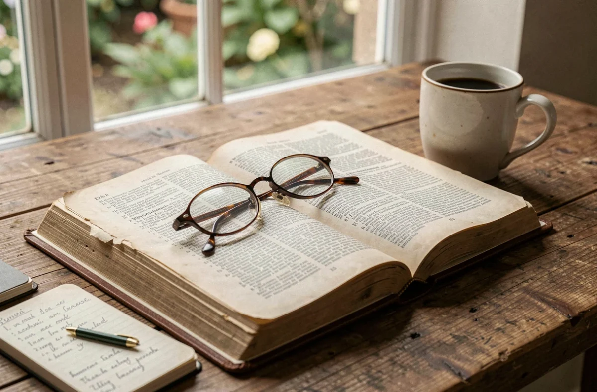 Dictionnaire français ouvert sur un bureau en bois avec des notes manuscrites, illustrant la question orthographique bonnes vacances ou bon vacances