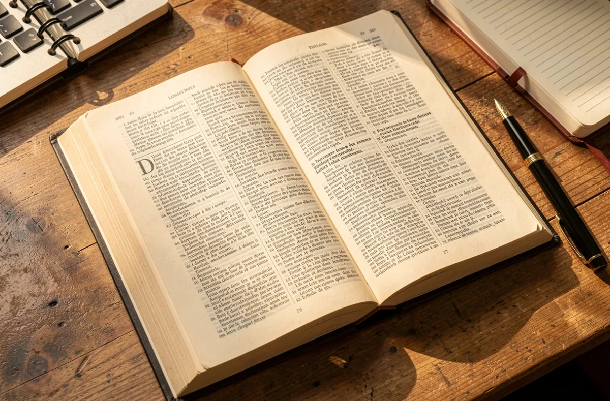 Dictionnaire ouvert posé sur un bureau à côté d'un carnet