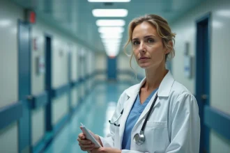 Médecin femme en blouse blanche dans un couloir d'hôpital tenant un dossier médical, regard pensif et déterminé, évoquant le personnage du Dr Allison Cameron de la série Dr House