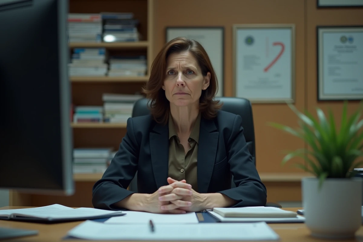 Femme administratrice médicale assise derrière un bureau d'hôpital dans un bureau directorial, posture autoritaire et regard intense, rappelant le personnage du Dr Lisa Cuddy dans Dr House