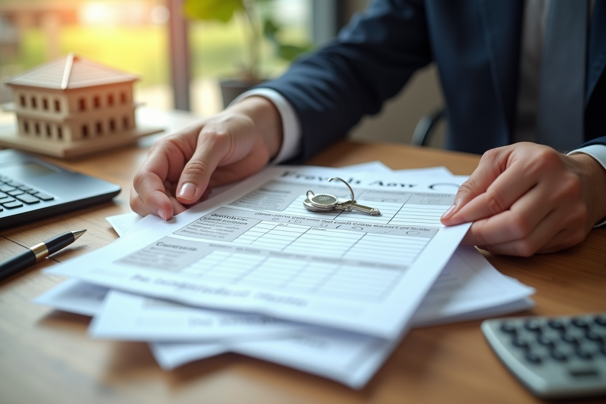Mains tenant des formulaires fiscaux français et des clés sur un bureau en bois