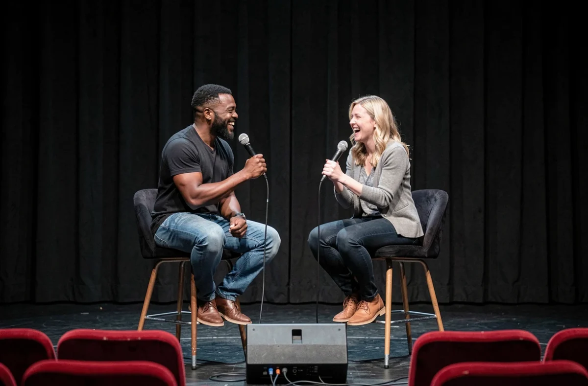 Duo de comédiens, homme noir et femme blanche, assis sur scène dans un théâtre, riant ensemble lors d'une conversation au micro