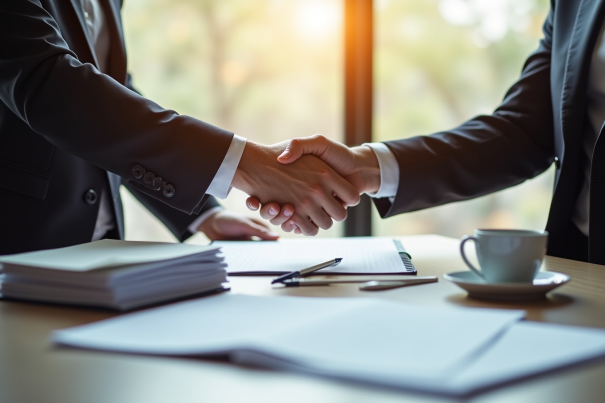 Deux personnes serrent la main sur un contrat dans un bureau moderne