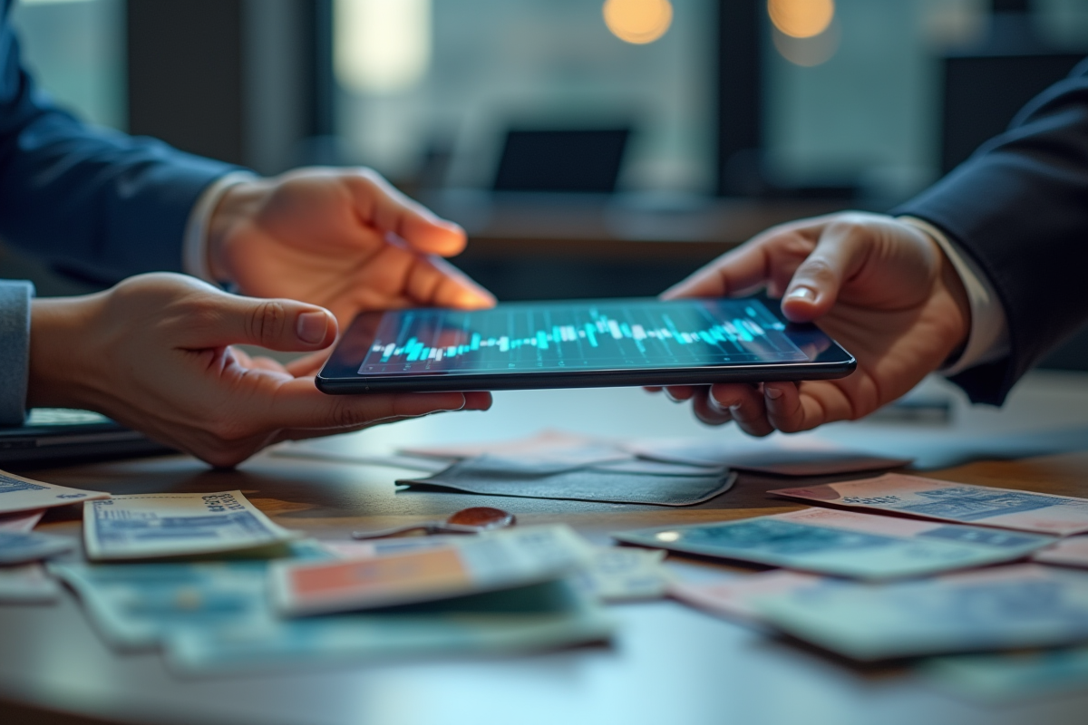 Mains échangeant une tablette avec graphique blockchain entourée de devises et cartes