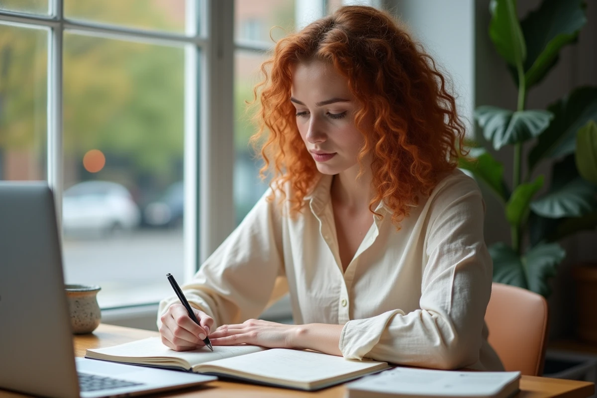 Une jeune femme écrivant soigneusement dans un cahier, symbolisant l'apprentissage de la grammaire française et le choix des formes verbales correctes