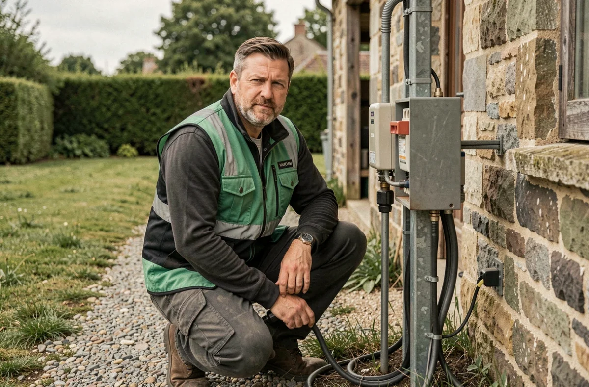 Électricien d'EGS Electricité travaillant sur une installation électrique extérieure à Bazainville