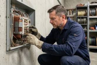 Électricien inspectant un transformateur industriel 380V dans un atelier avec tableau électrique mural