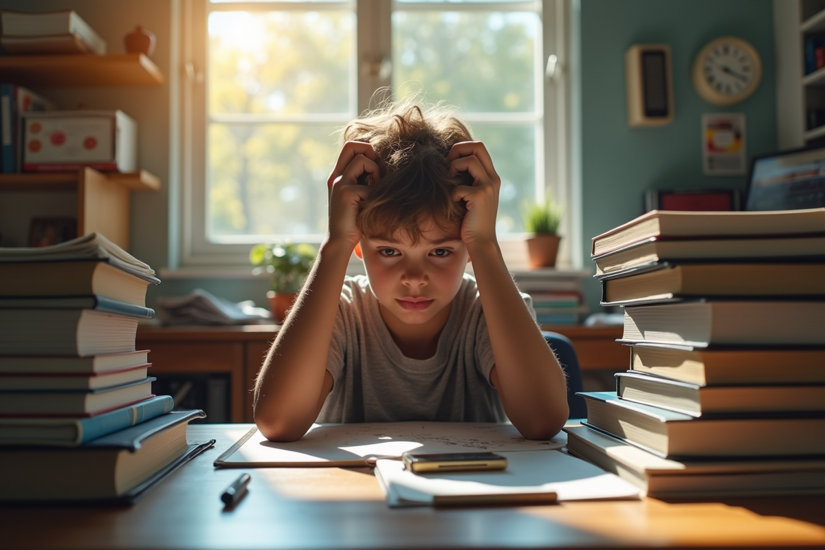 Etudiant stressé assis à un bureau encombré avec livres et appareils