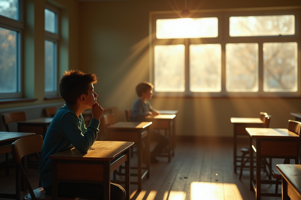 Jeune élève seul dans une salle vide regardant par la fenêtre