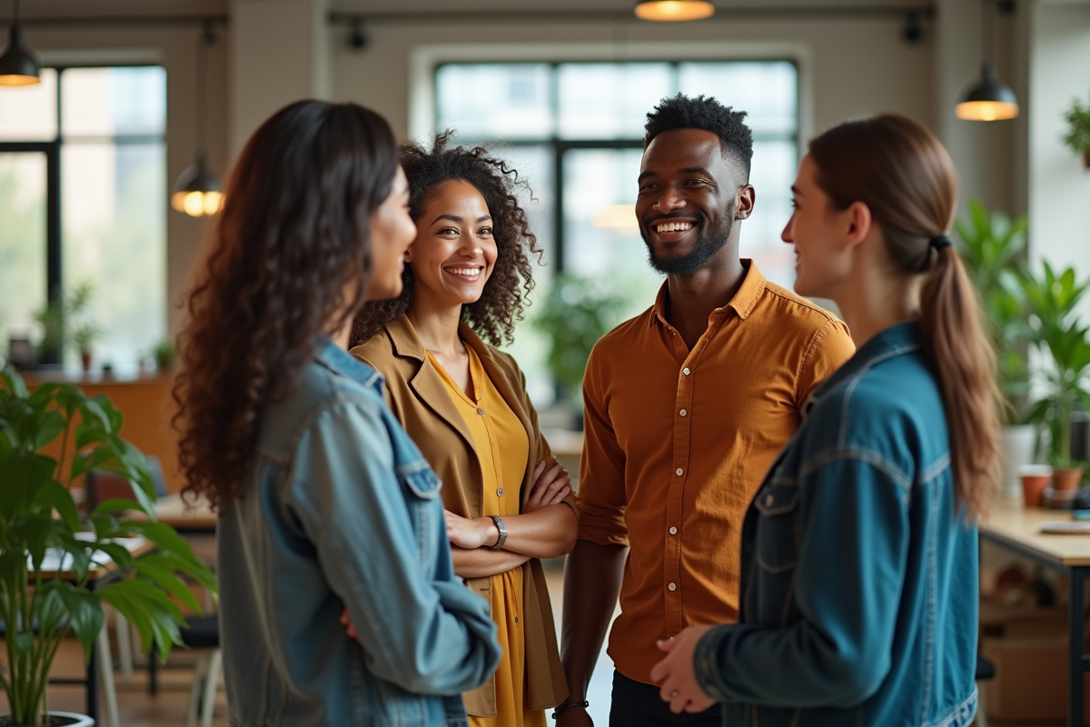 Employes multiculturels discutant dans un espace ouvert