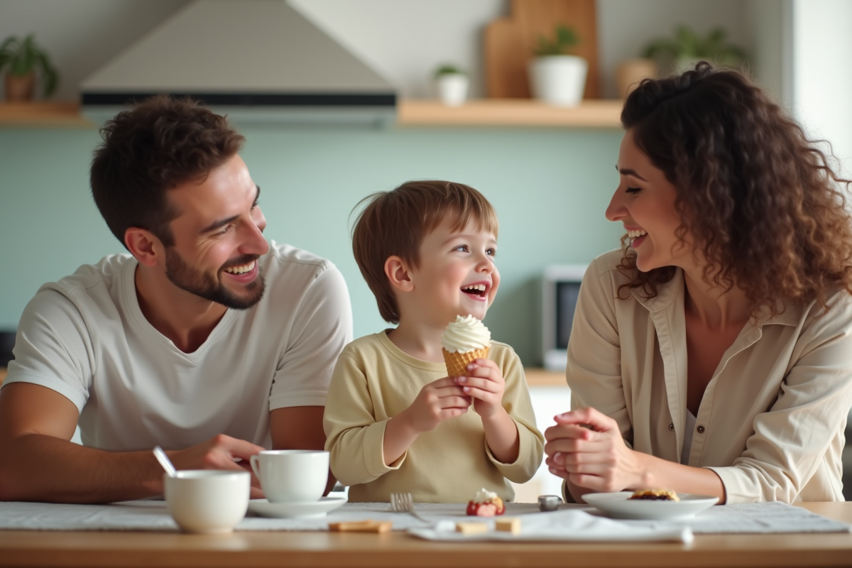 Enfant mangeant glace dans la cuisine moderne en famille