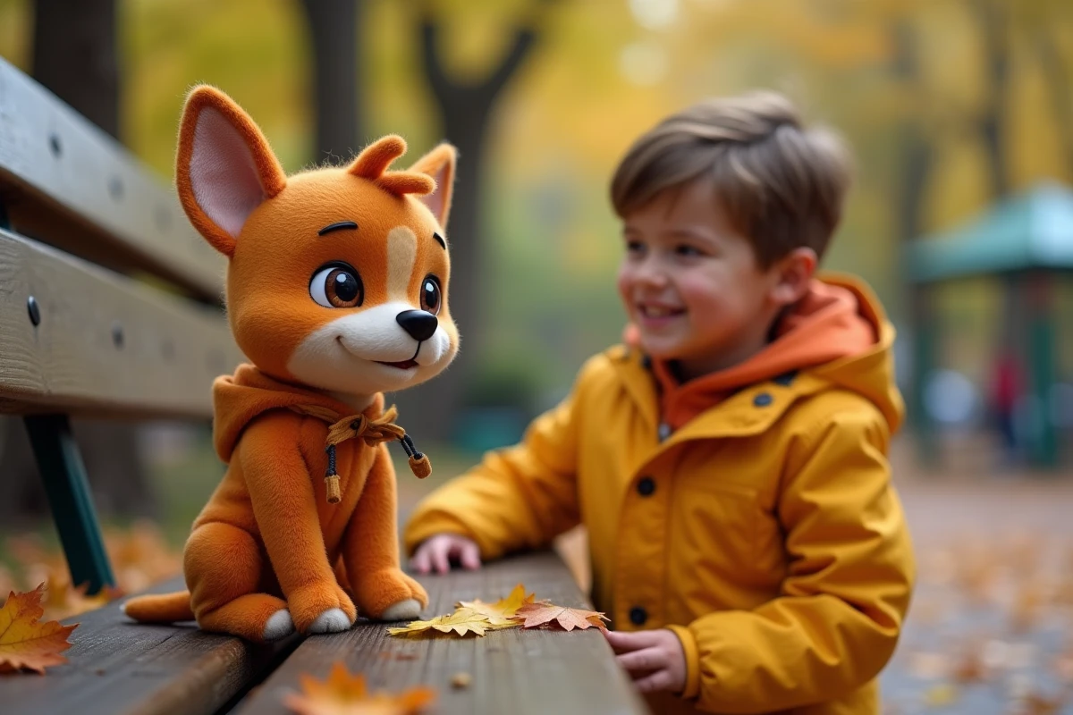 Garçon regardant Tchoupi sur un banc dans un parc d