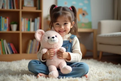 Petite fille souriante avec Tchoupi dans un salon chaleureux