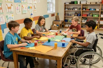 Groupe d'enfants aux profils variés réalisant un atelier créatif ensemble dans un centre d'animation, inclusion d'un enfant en fauteuil roulant