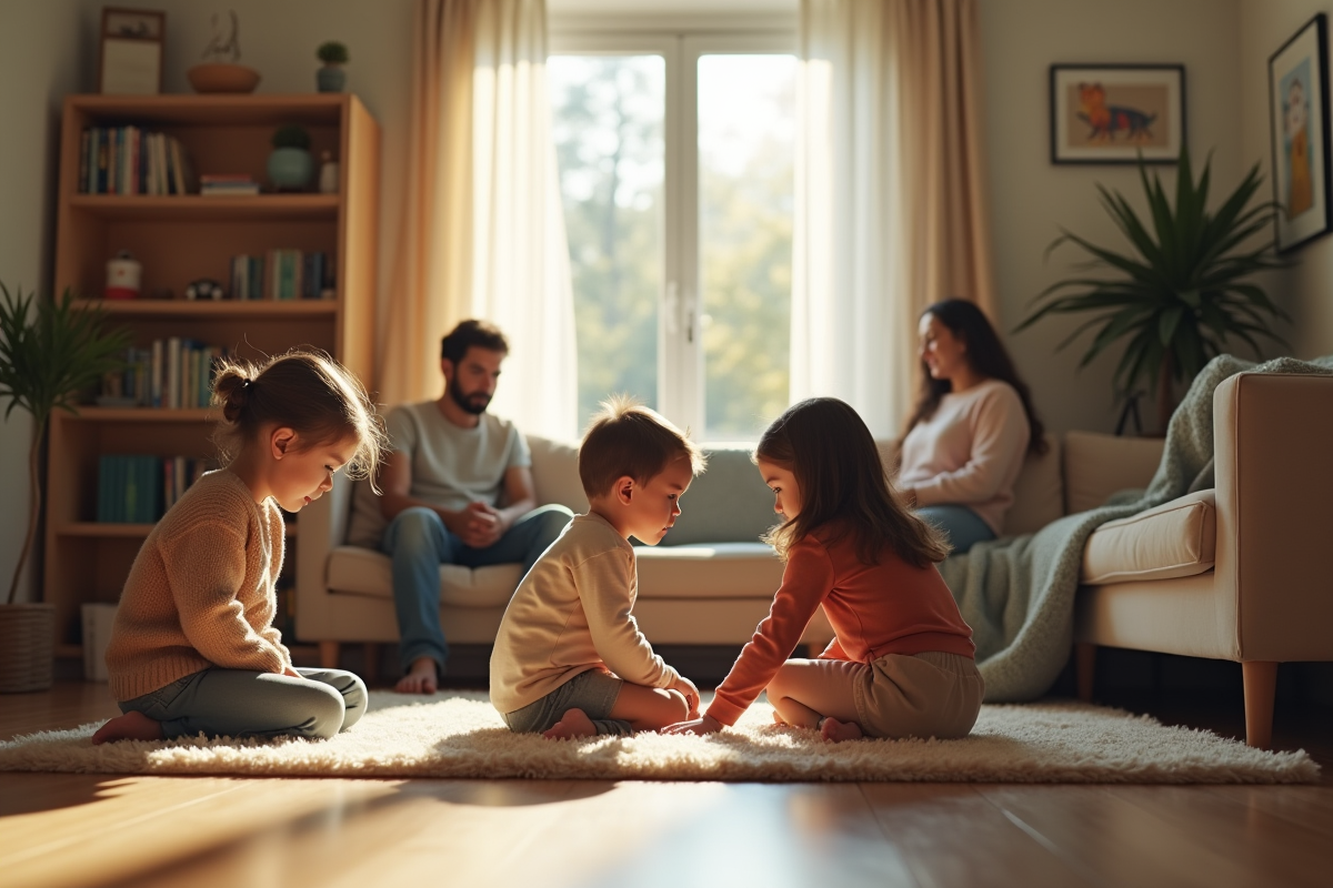 Enfants de divers horizons jouent dans le salon avec adultes pensifs
