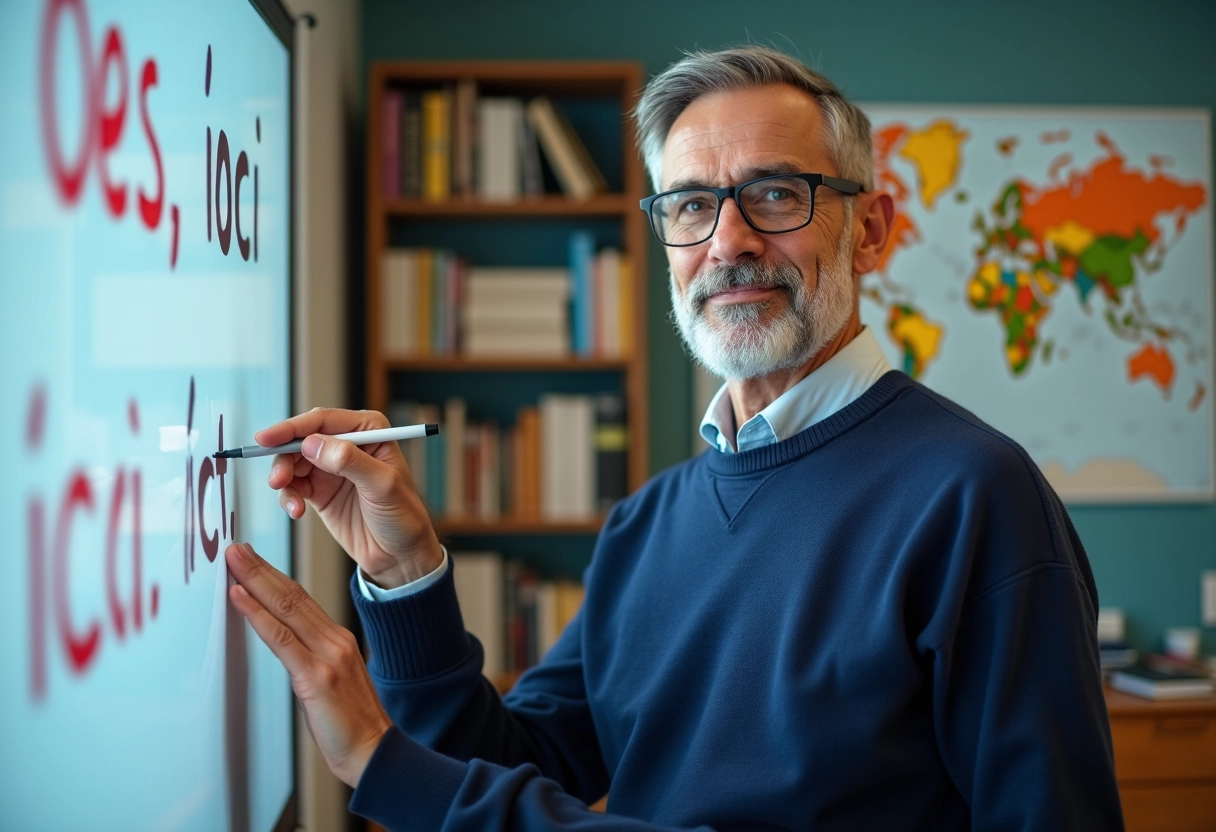 Enseignant en classe avec tableau et livres de français