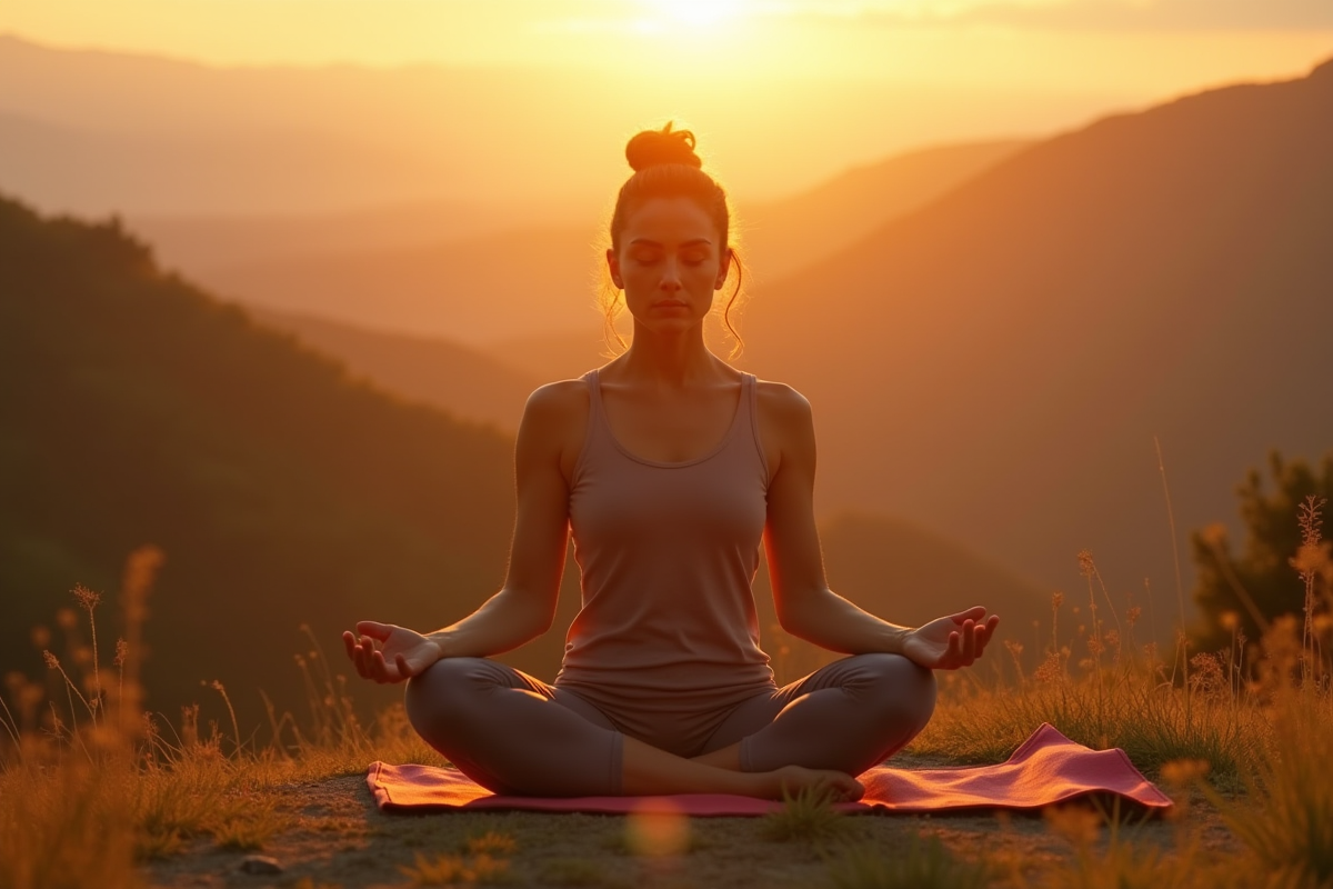Professeur de yoga en méditation au lever du soleil dans la nature